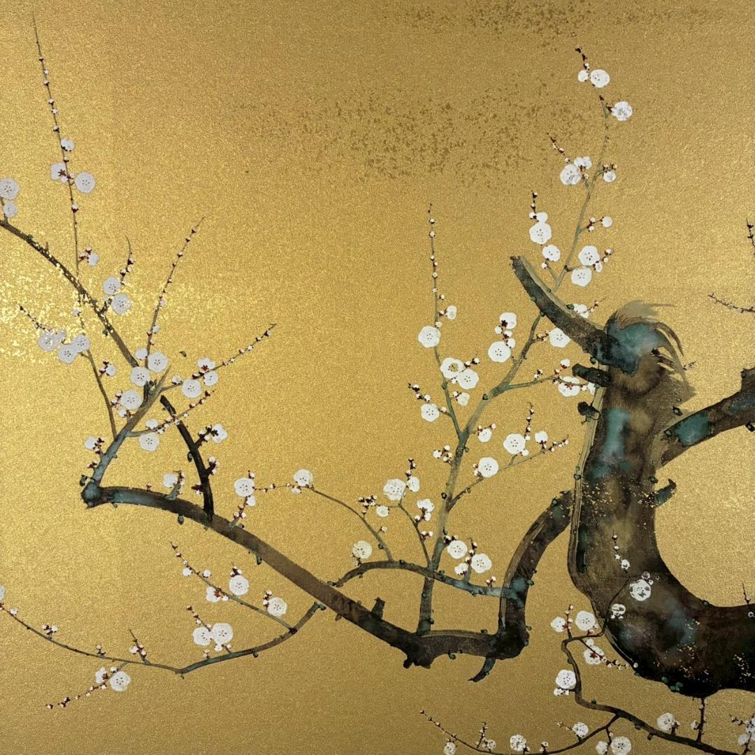 美品 鈴木其一「梅椿図屏風」工芸品 額縁入り 琳派 名画 和風 骨董 日本画