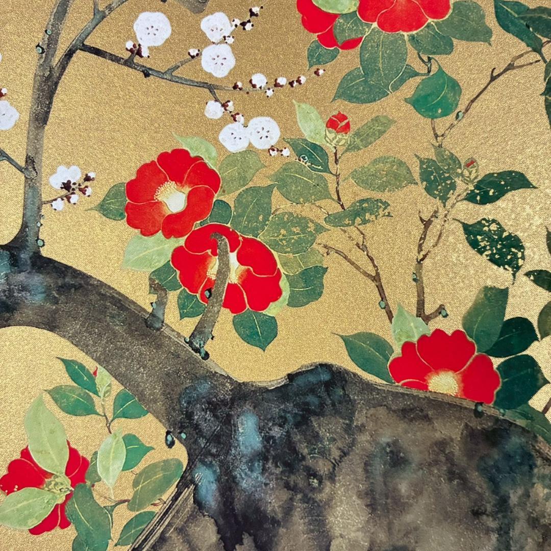 美品 鈴木其一「梅椿図屏風」工芸品 額縁入り 琳派 名画 和風 骨董 日本画