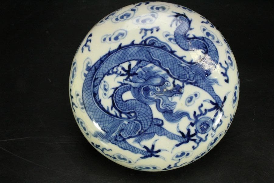 中国美術 染付 雲龍紋 蓋物 茶道具伝来(ZE799)