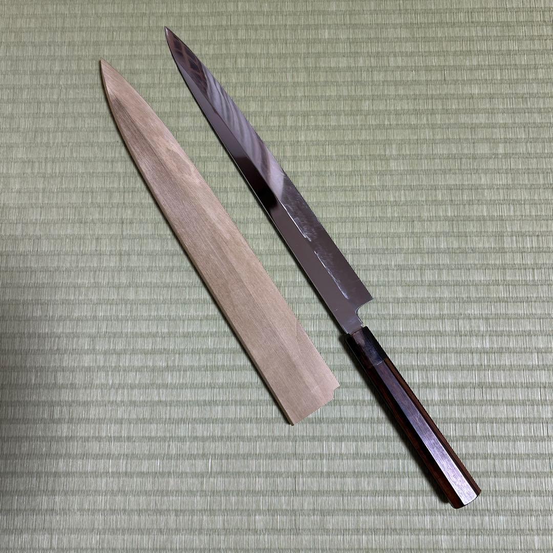 池田美和　本焼　柳刃　和包丁　青鋼　刃紋　久次作　鏡面　刃紋　黒檀柄
