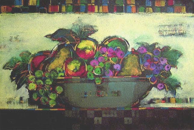 油絵 菅家令子絵 絵画インテリア額付(青緑＋金色の枠)uF6-060904静物壺