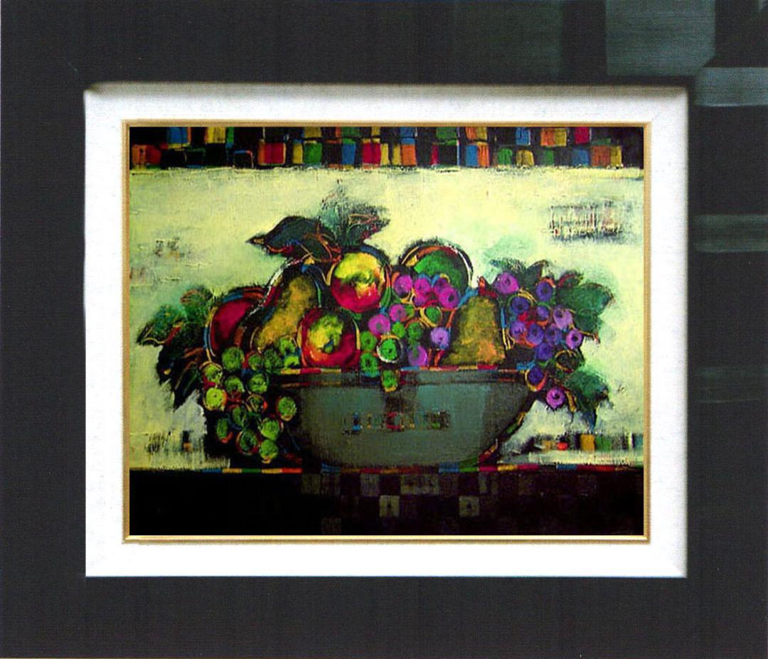 油絵 菅家令子絵 絵画インテリア額付(青緑＋金色の枠)uF6-060904静物壺