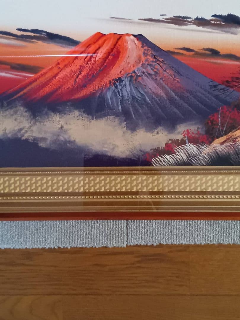 油彩画 大型作品 立体赤富士 美峰 額縁サイズ92.5✕42cm 日本美術工芸品
