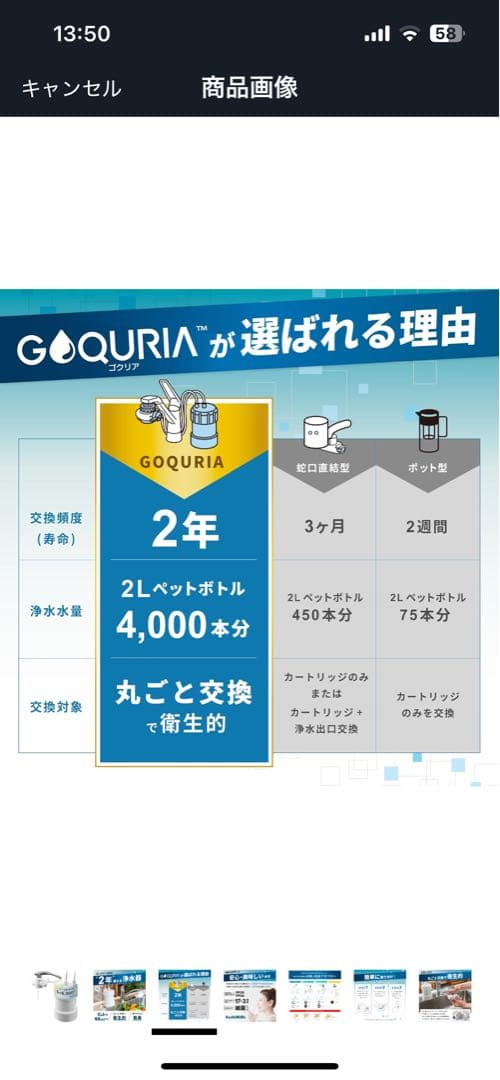 浄水器GOQURIA ホワイト 2年間カートリッジ交換不要 日本製 20物質除去