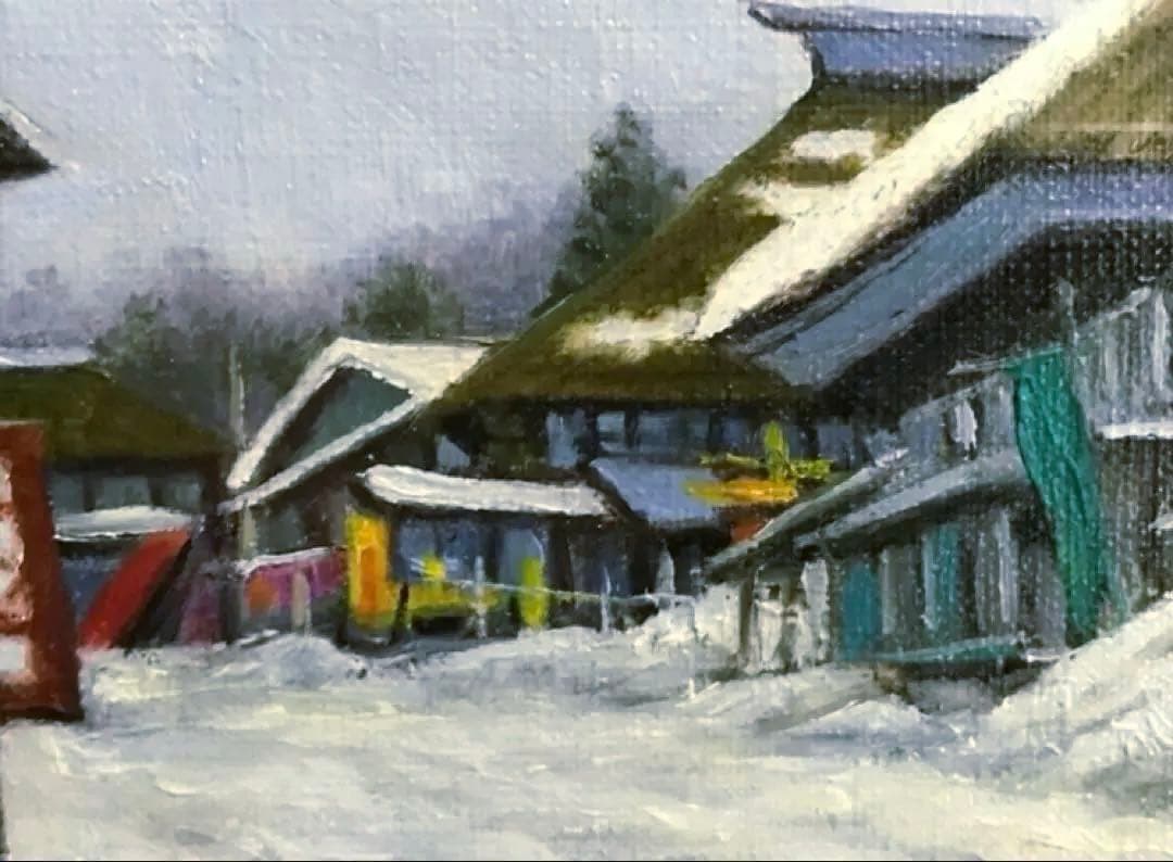 羽山登 「信州・戸隠村」 油彩 4号 茅葺き屋根風景 油絵 絵画 豪華額装 額縁