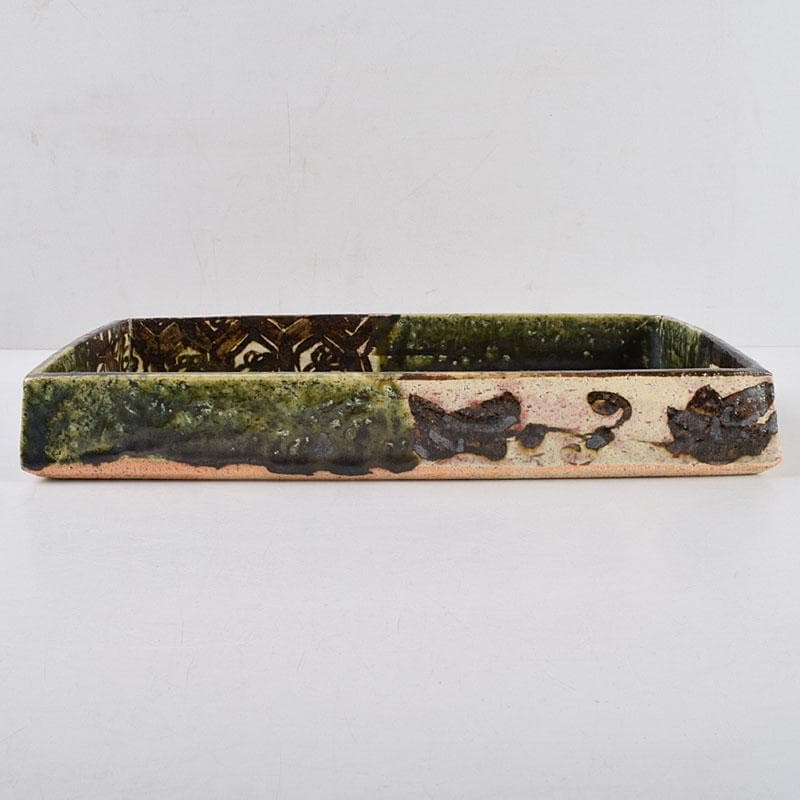 和食器　織部焼　廣永窯　坪島土平作　長方鉢　共箱　M　R9198