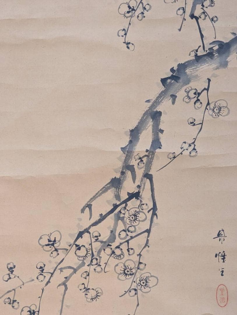 【真作】掛軸　梅花鴛鴦図　優雅な花鳥画　静謐な冬景色を描く花鳥図　共箱入　V19