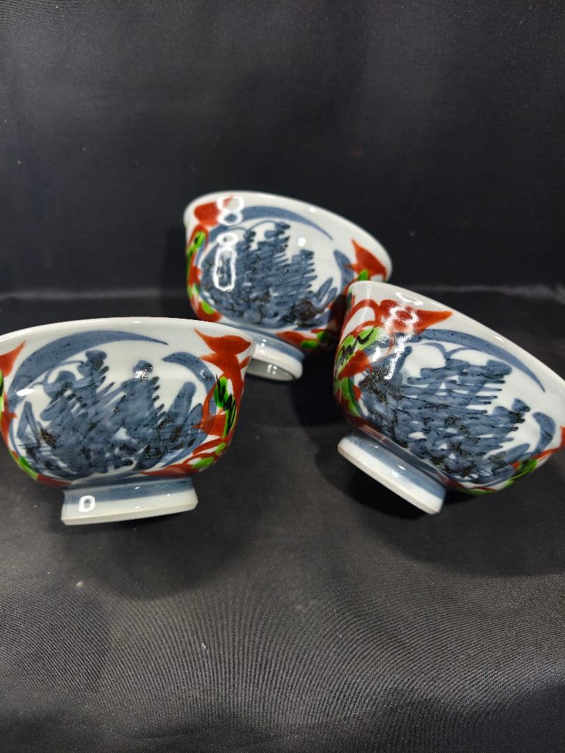 陶芸家梅田純一作品 赤絵手描き 茶碗3客揃い 共箱 蒐集家放出美品 未使用蔵出