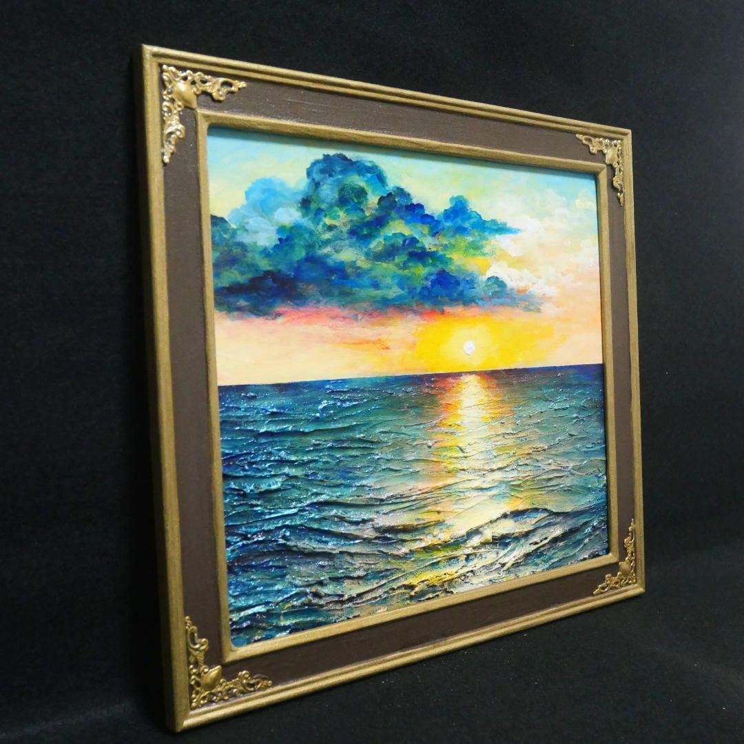 油絵 原画「Sea at Dusk」夕暮れの海 額縁付 絵画 贈り物 インテリア