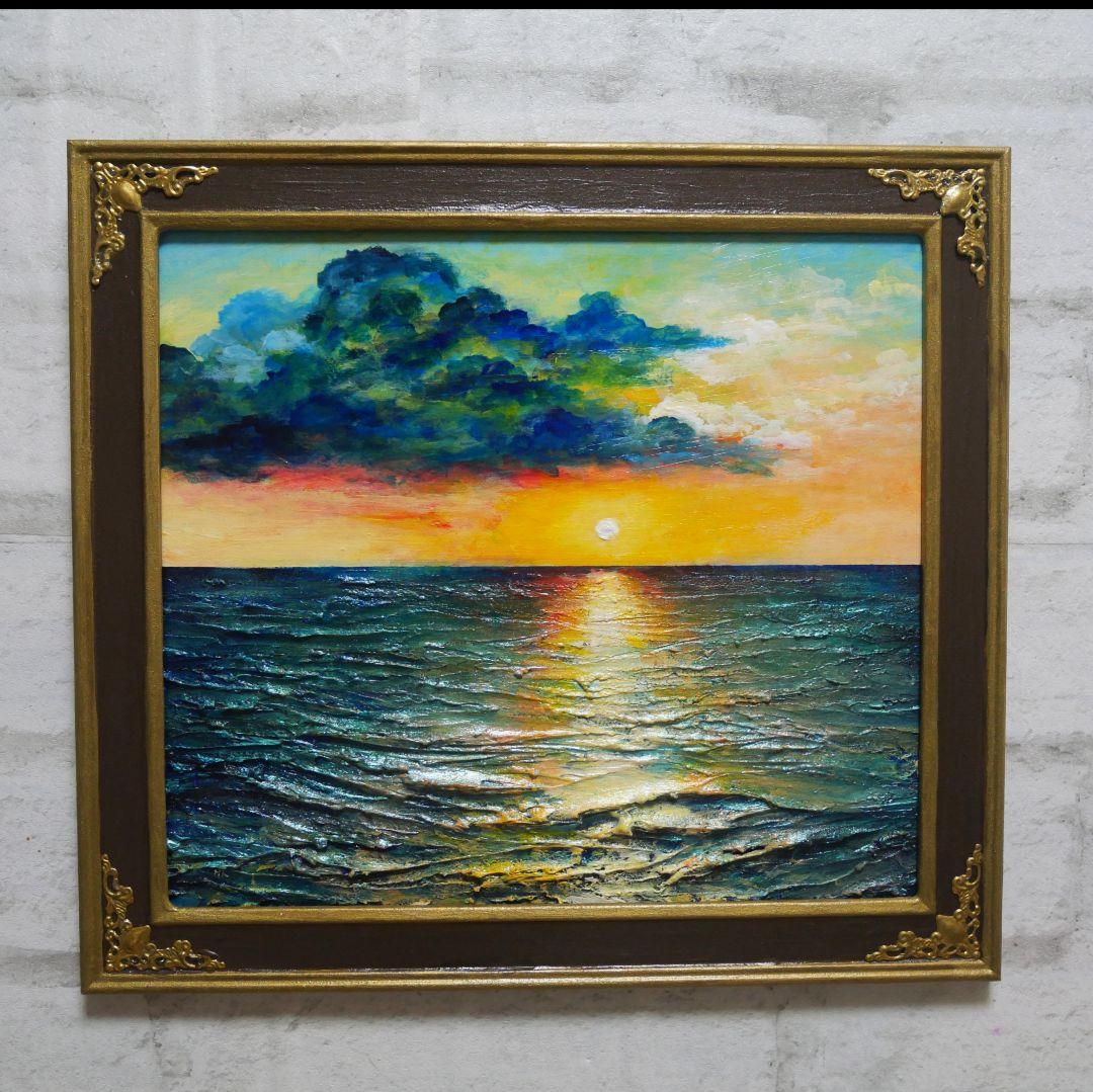 油絵 原画「Sea at Dusk」夕暮れの海 額縁付 絵画 贈り物 インテリア