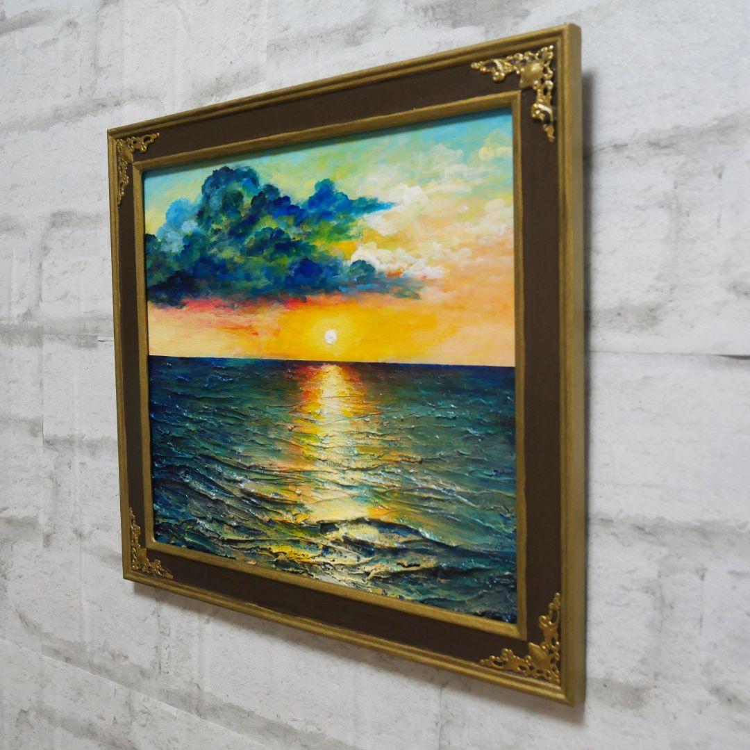 油絵 原画「Sea at Dusk」夕暮れの海 額縁付 絵画 贈り物 インテリア