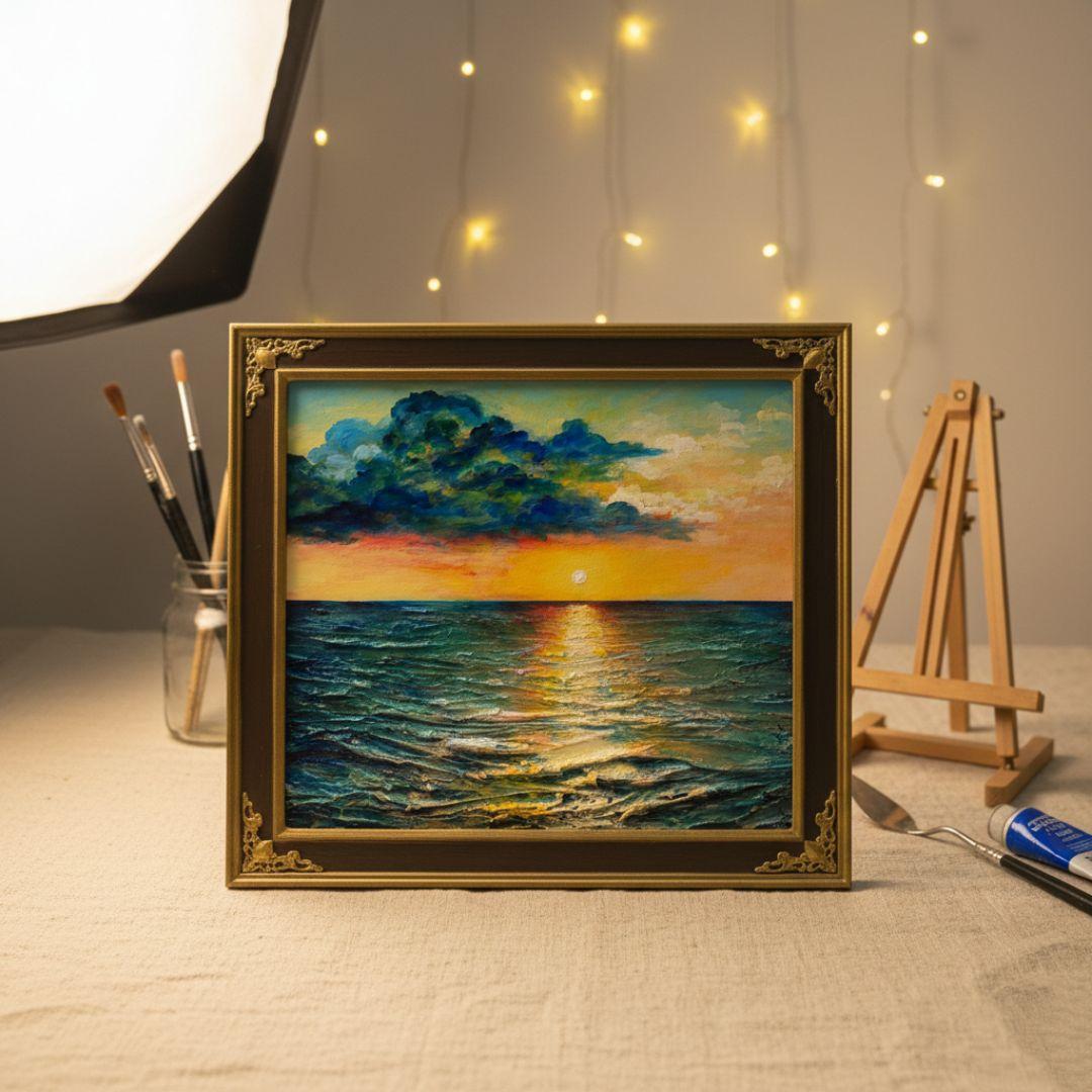 油絵 原画「Sea at Dusk」夕暮れの海 額縁付 絵画 贈り物 インテリア
