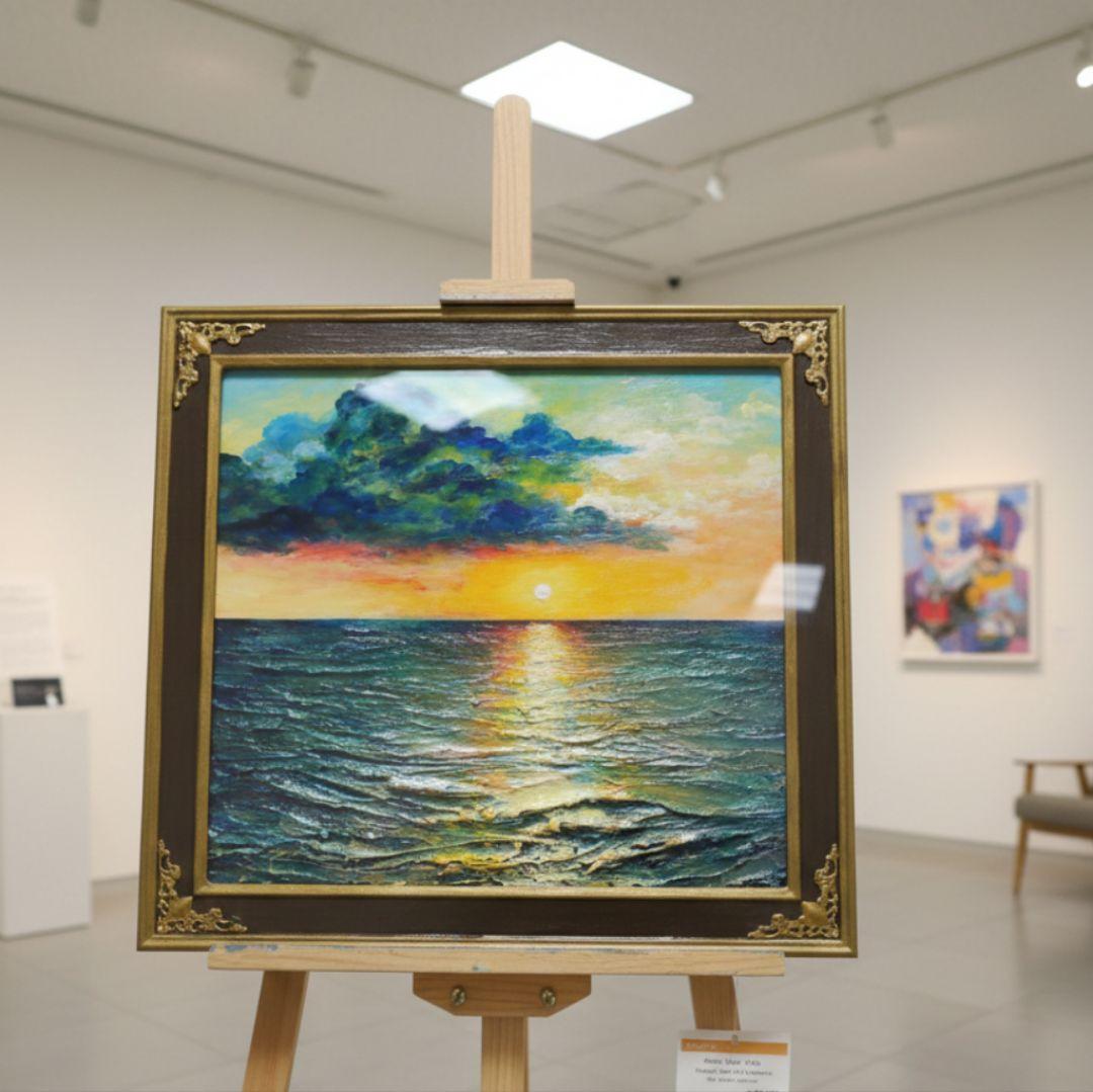油絵 原画「Sea at Dusk」夕暮れの海 額縁付 絵画 贈り物 インテリア