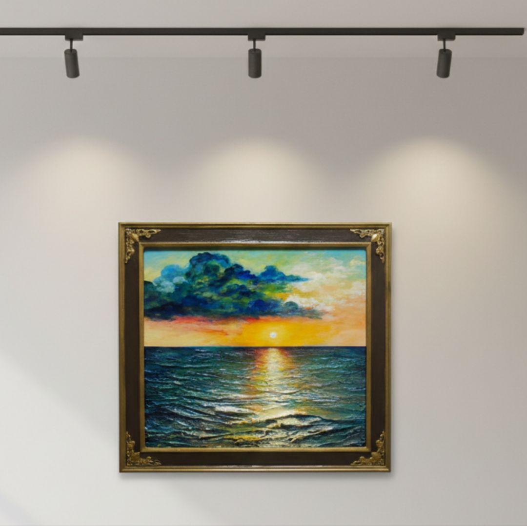 油絵 原画「Sea at Dusk」夕暮れの海 額縁付 絵画 贈り物 インテリア