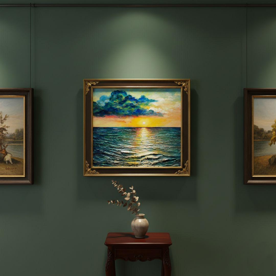 油絵 原画「Sea at Dusk」夕暮れの海 額縁付 絵画 贈り物 インテリア