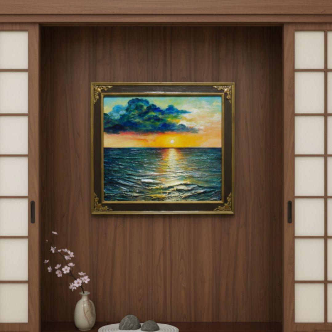 油絵 原画「Sea at Dusk」夕暮れの海 額縁付 絵画 贈り物 インテリア