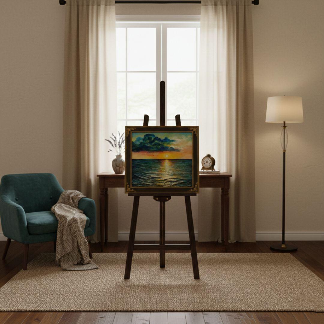 油絵 原画「Sea at Dusk」夕暮れの海 額縁付 絵画 贈り物 インテリア