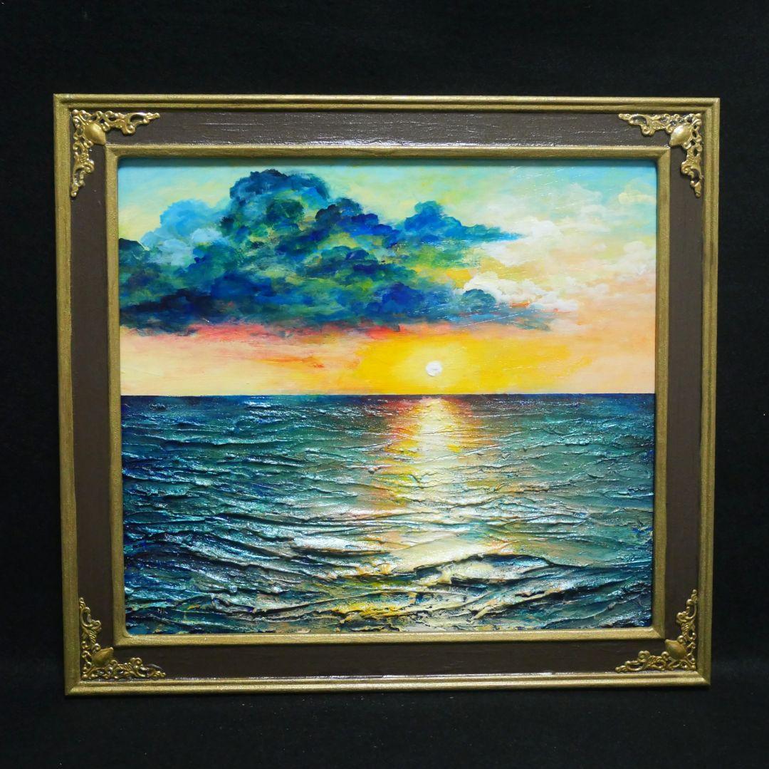 油絵 原画「Sea at Dusk」夕暮れの海 額縁付 絵画 贈り物 インテリア