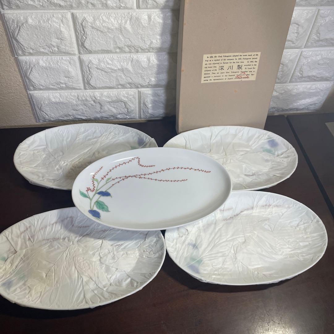 深川製磁　水引草　楕円多用皿揃　24×15cm 5枚　箱入り