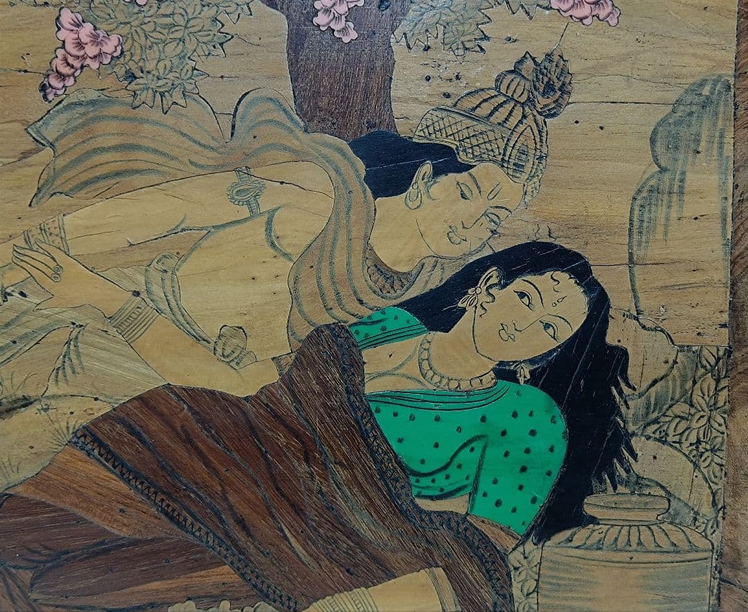 ヴィンテージ　インド　1944年　木象嵌額装　はめ木細工絵画