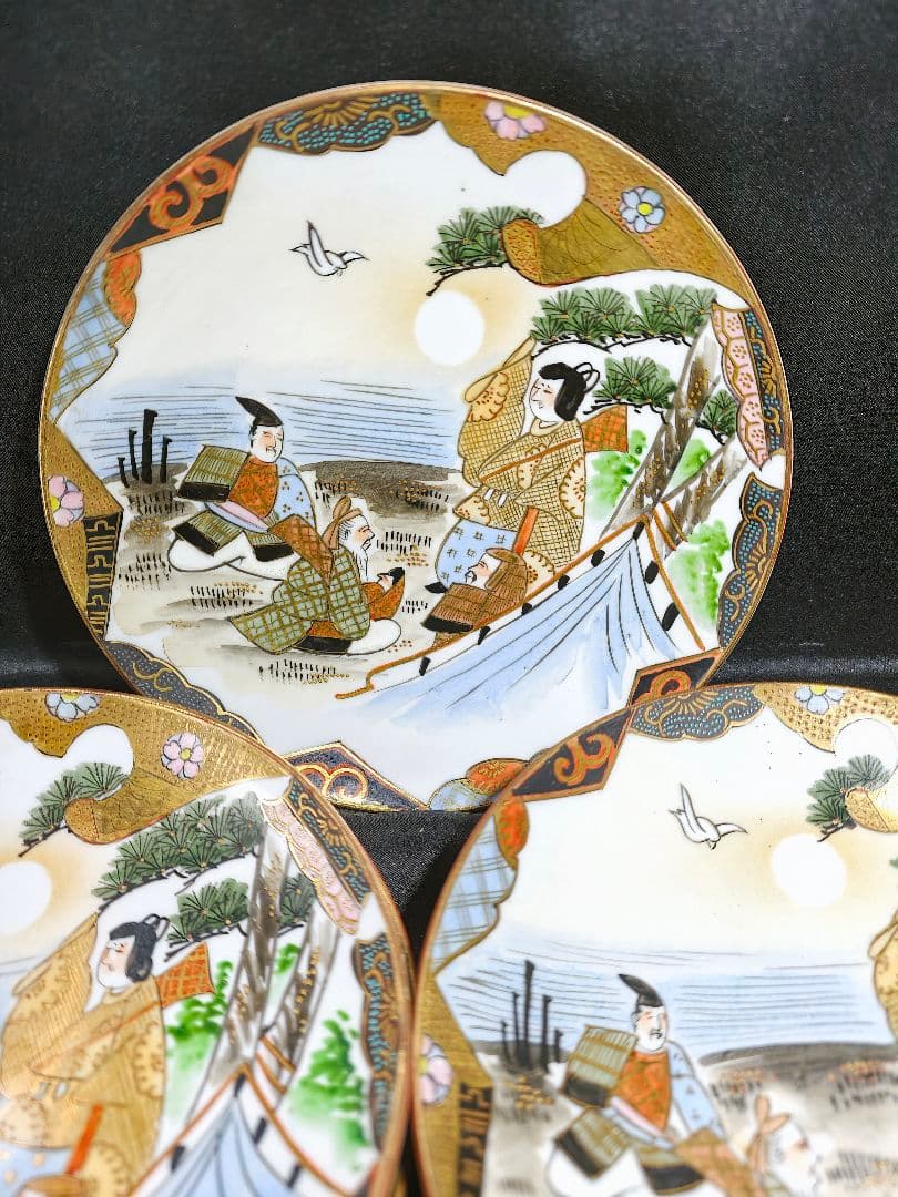 九谷焼 極上色絵金彩皿 手書き風景人物文 明治骨董 蒐集家放出美品 ほぼ未使用