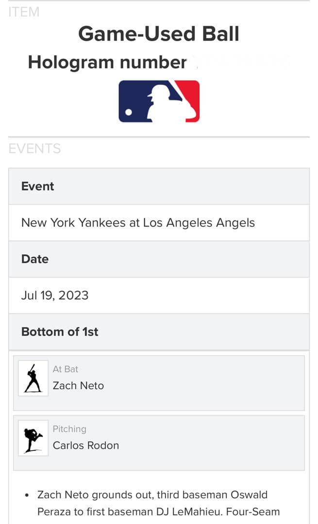 大谷翔平選手 2023年シーズン実使用打球ボール【MLB機構証明ホログラム付き】