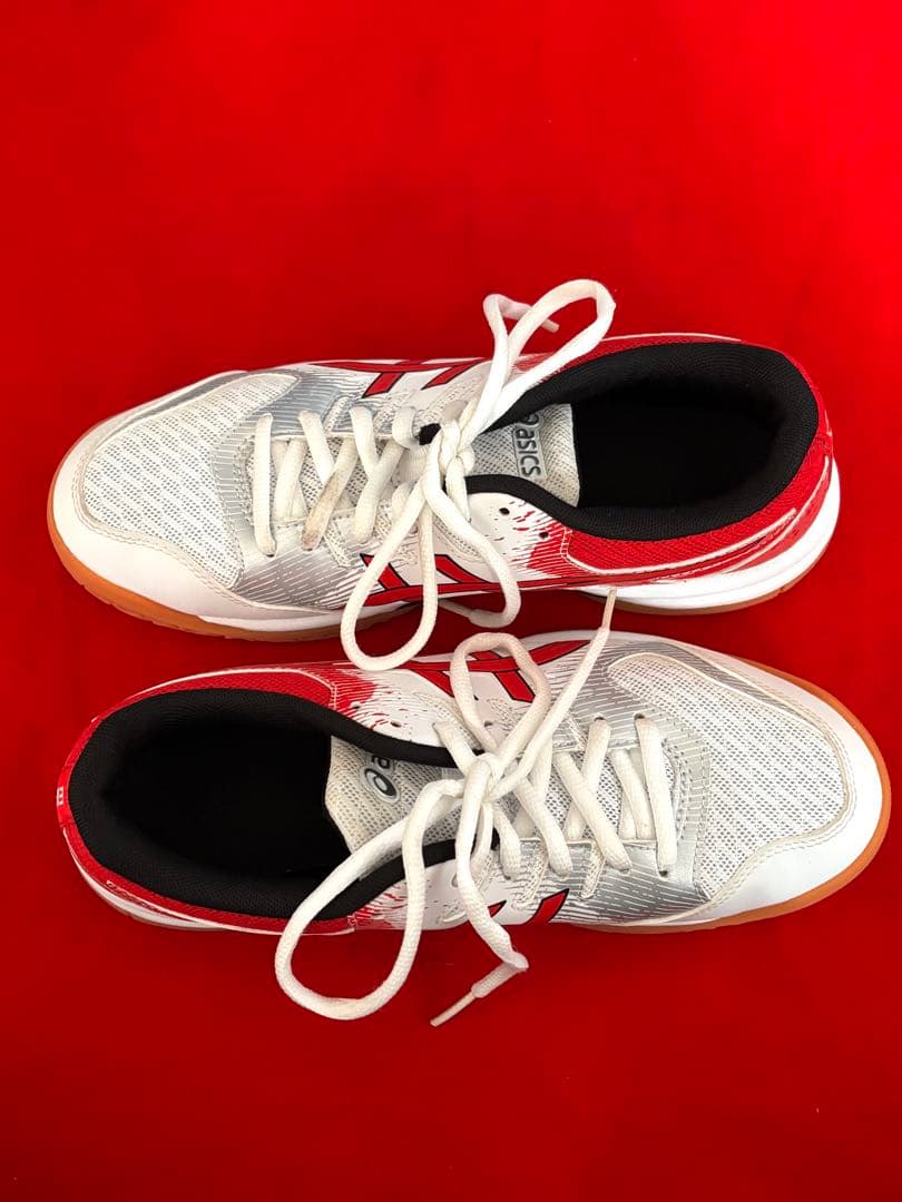 ASICS バレーシューズ ホワイトレッド 23.5cm 膝•肘サポーター付き