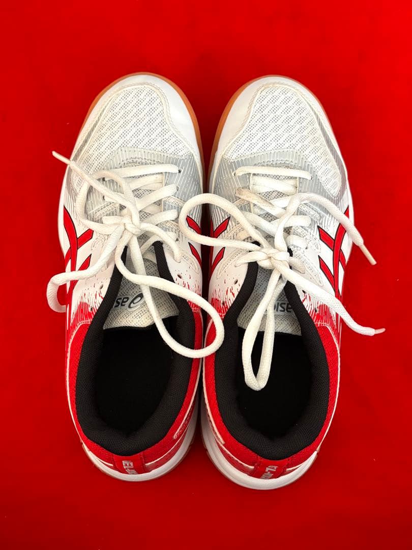 ASICS バレーシューズ ホワイトレッド 23.5cm 膝•肘サポーター付き