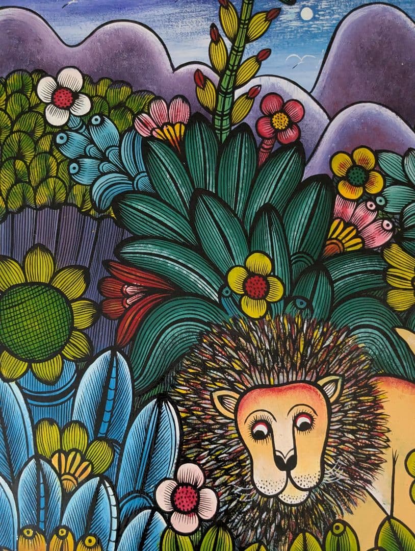 ●アフリカの絵画、ティンガティンガ、ライオンinジャングル、60×60cm