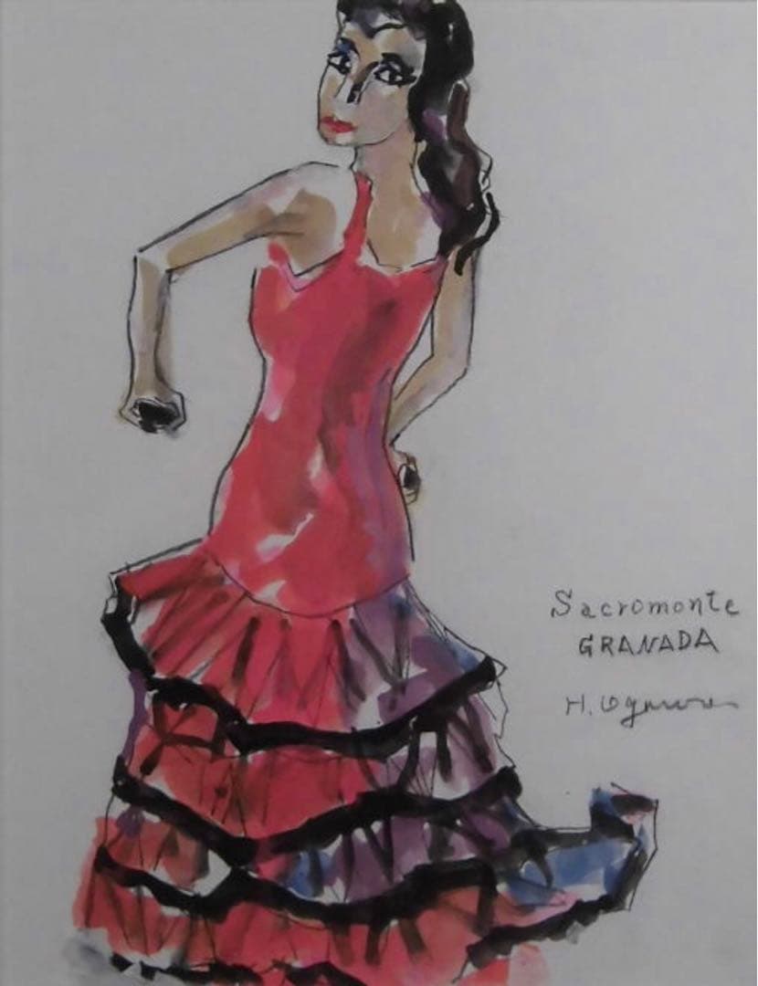 サクロモンテ・グラナダ フラメンコ水彩原画 直筆サイン 額装済み 62×53cm