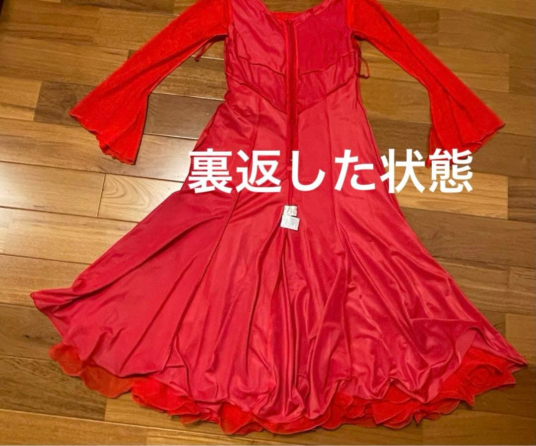 社交ダンス　赤　ワンピース　ドレス　　　 フレア　ストレッチ　パーティー　セキネ