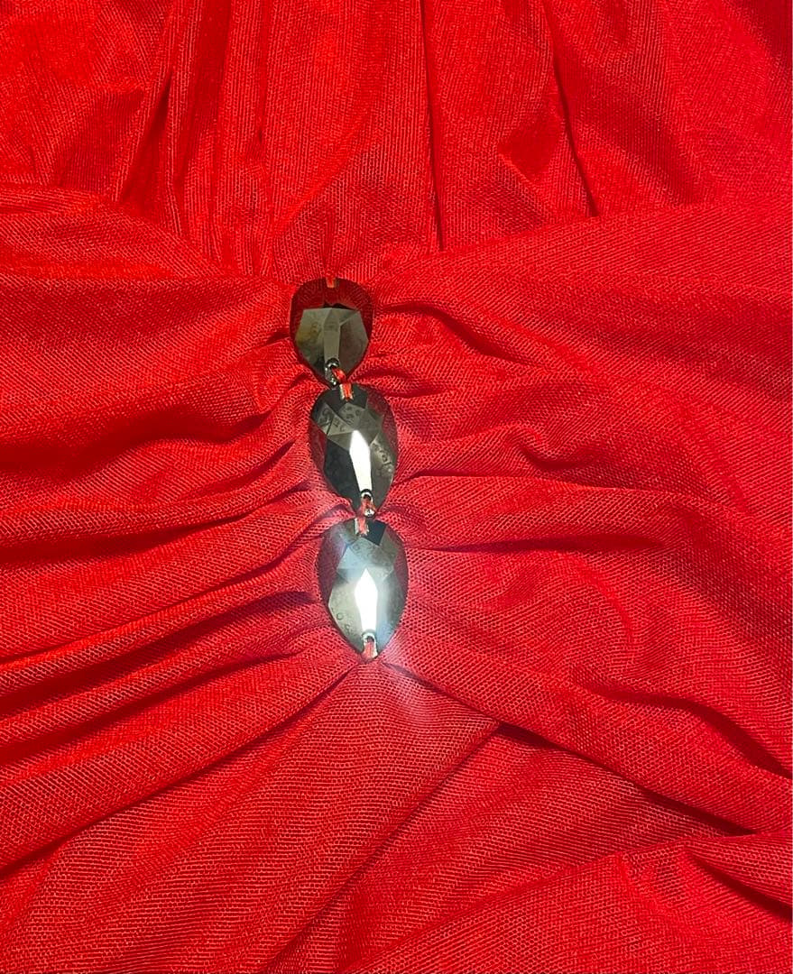 社交ダンス　赤　ワンピース　ドレス　　　 フレア　ストレッチ　パーティー　セキネ
