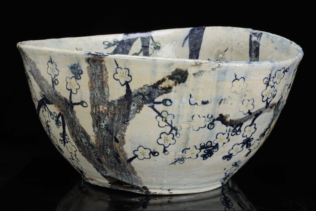 白梅花図 特大 大鉢 直径48.5㎝ 共箱 水盤 飾鉢 作家物 古美術 骨董品