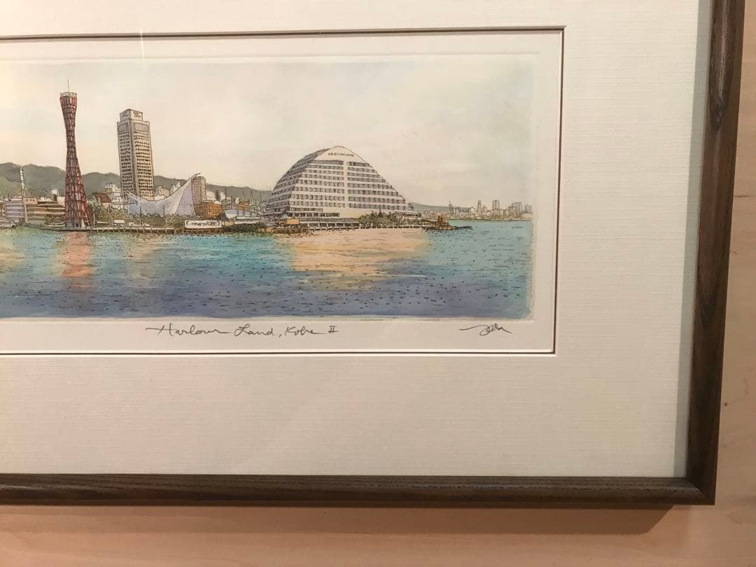 織田義郎「Harbor Land KobeⅡ」銅版画＋手彩色　直筆サイン有り