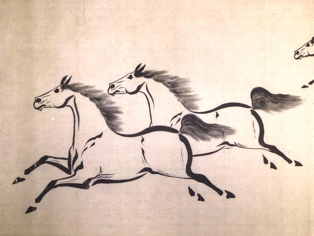 【 絵馬師・東仁雲 】　絹本墨絵　連馬　戦前作品