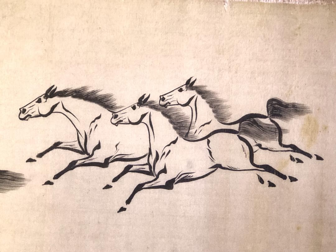 【 絵馬師・東仁雲 】　絹本墨絵　連馬　戦前作品