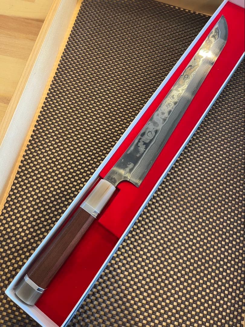二唐刃物　景虎　コアレス　ダマスカス　青二x白ニ 先丸柳刃　300