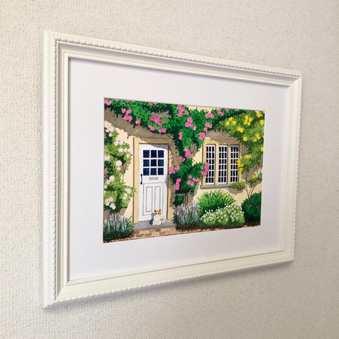 透明水彩画　原画　「ローズハウス」額縁付　A4サイズ　風景画