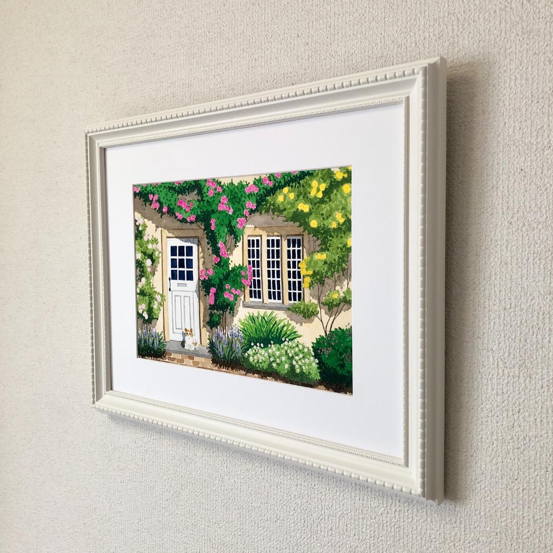 透明水彩画　原画　「ローズハウス」額縁付　A4サイズ　風景画