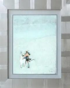 油絵 菅家令子 絵 絵画インテリア額付(青緑＋銀)F3-091918子猫犬 女子