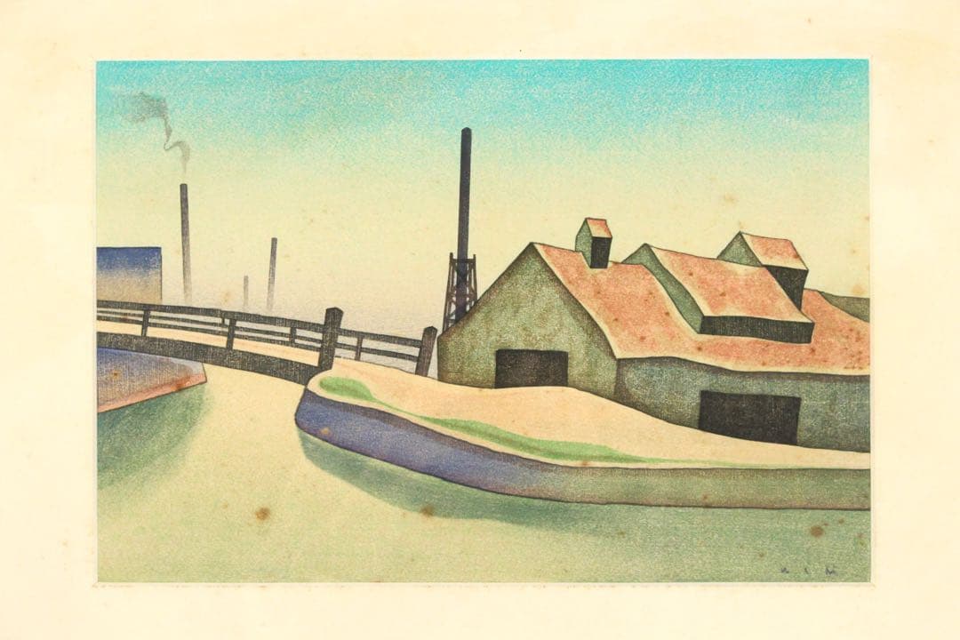 No2307 額装　牛島憲之「墨東」　木版画　直筆サイン　真作　風景画　送料無料