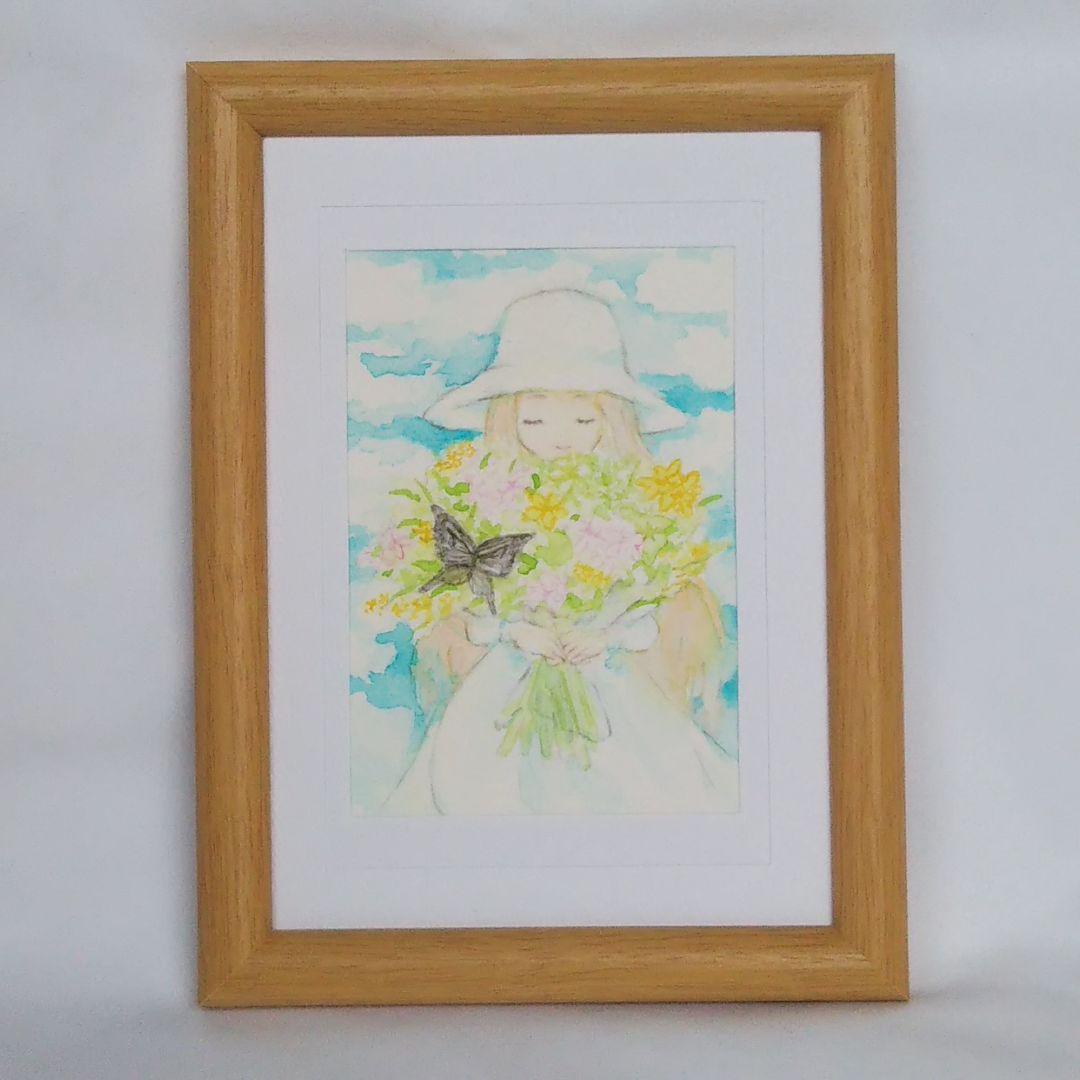 絵画 花束を持った少女とアゲハ蝶 透明水彩画