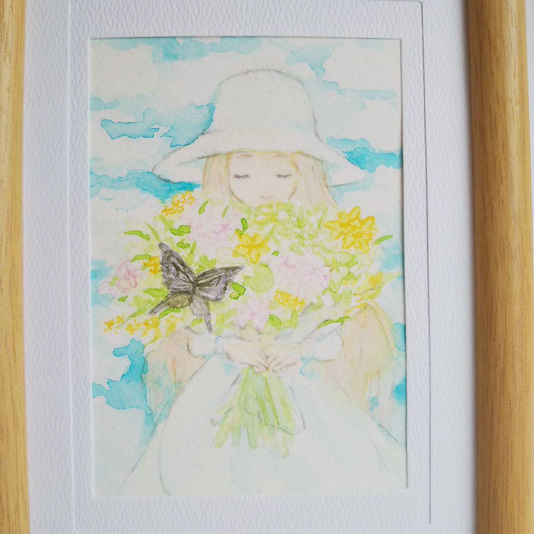 絵画 花束を持った少女とアゲハ蝶 透明水彩画
