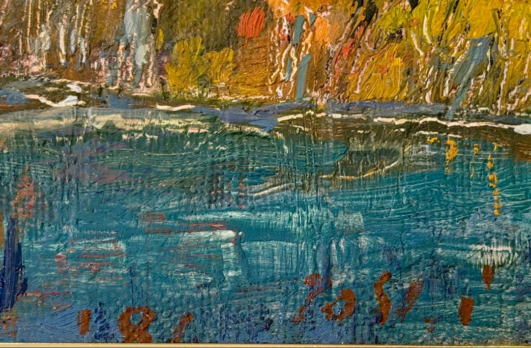 風景画 額装 油彩風 湖畔 秋景色 インテリアアート #100