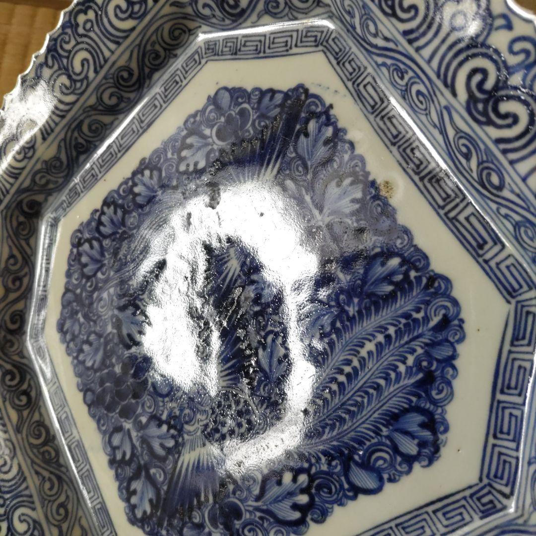 伊万里　線描き　八角形皿 鳳凰