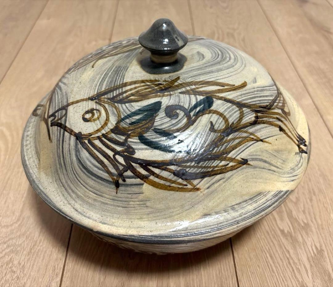 【未使用保管品】23cm 深皿　魚紋　菓子鉢 やちむん 壷屋焼 作家物　琉球