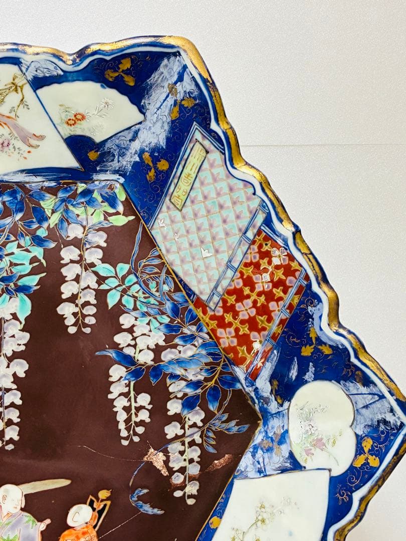 お値下❌ 明治 初期 香蘭社 色絵褐地藤絵人物文 ブラックホーソン六角大皿