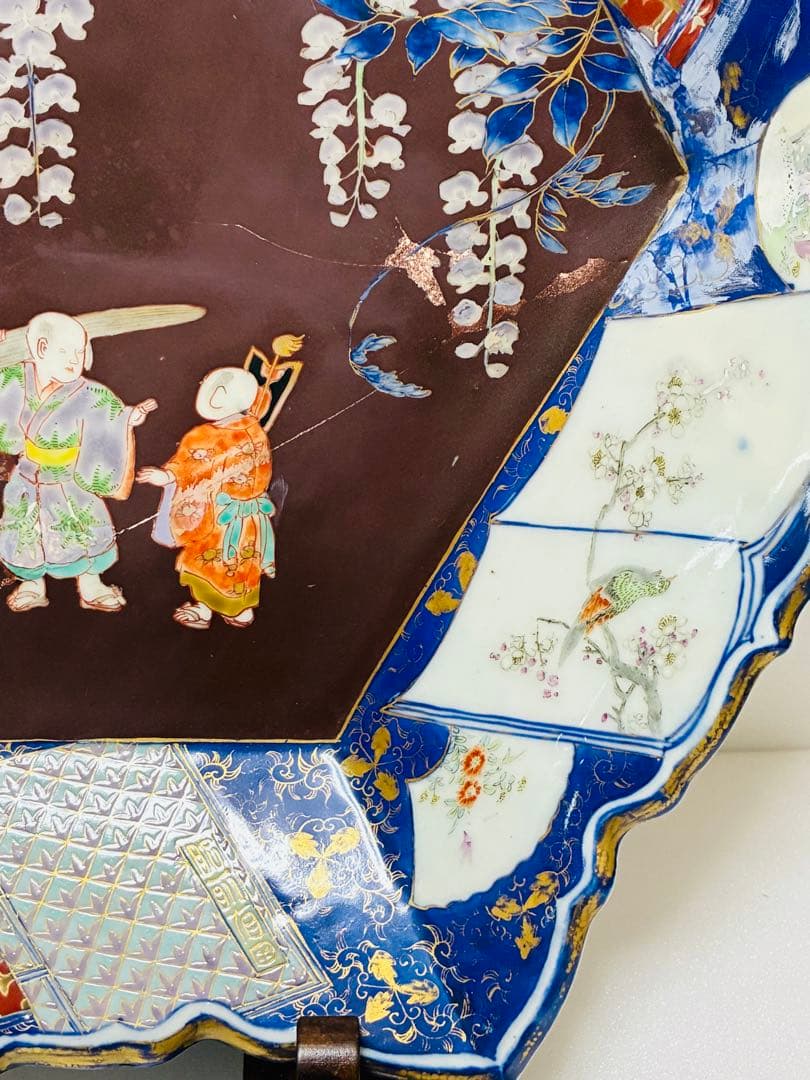 お値下❌ 明治 初期 香蘭社 色絵褐地藤絵人物文 ブラックホーソン六角大皿
