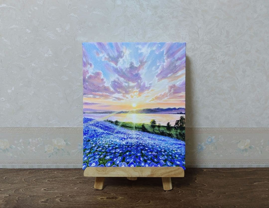 【ネモフィラ畑】アクリル画 F3 風景画 絵画