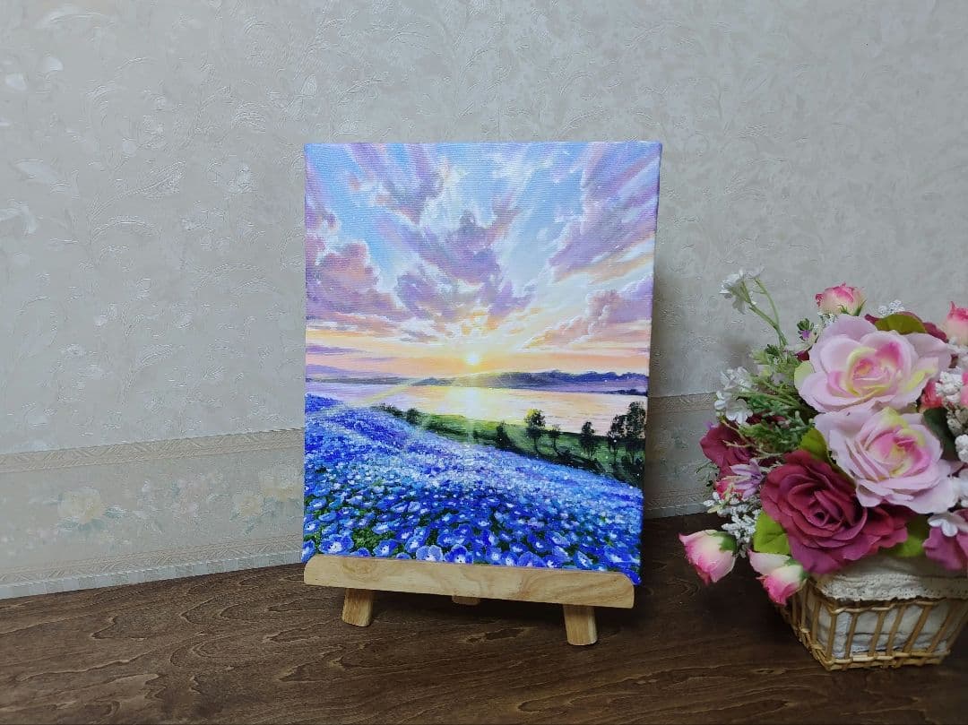 【ネモフィラ畑】アクリル画 F3 風景画 絵画
